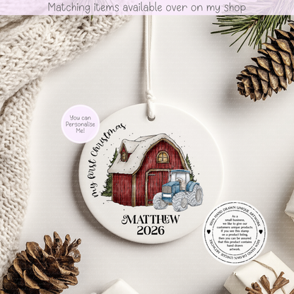 Christmas Tractor First Christmas Personalised Ceramic Bauble - Christmas Decoration - First Christmas - Fully Editable- Custom Name