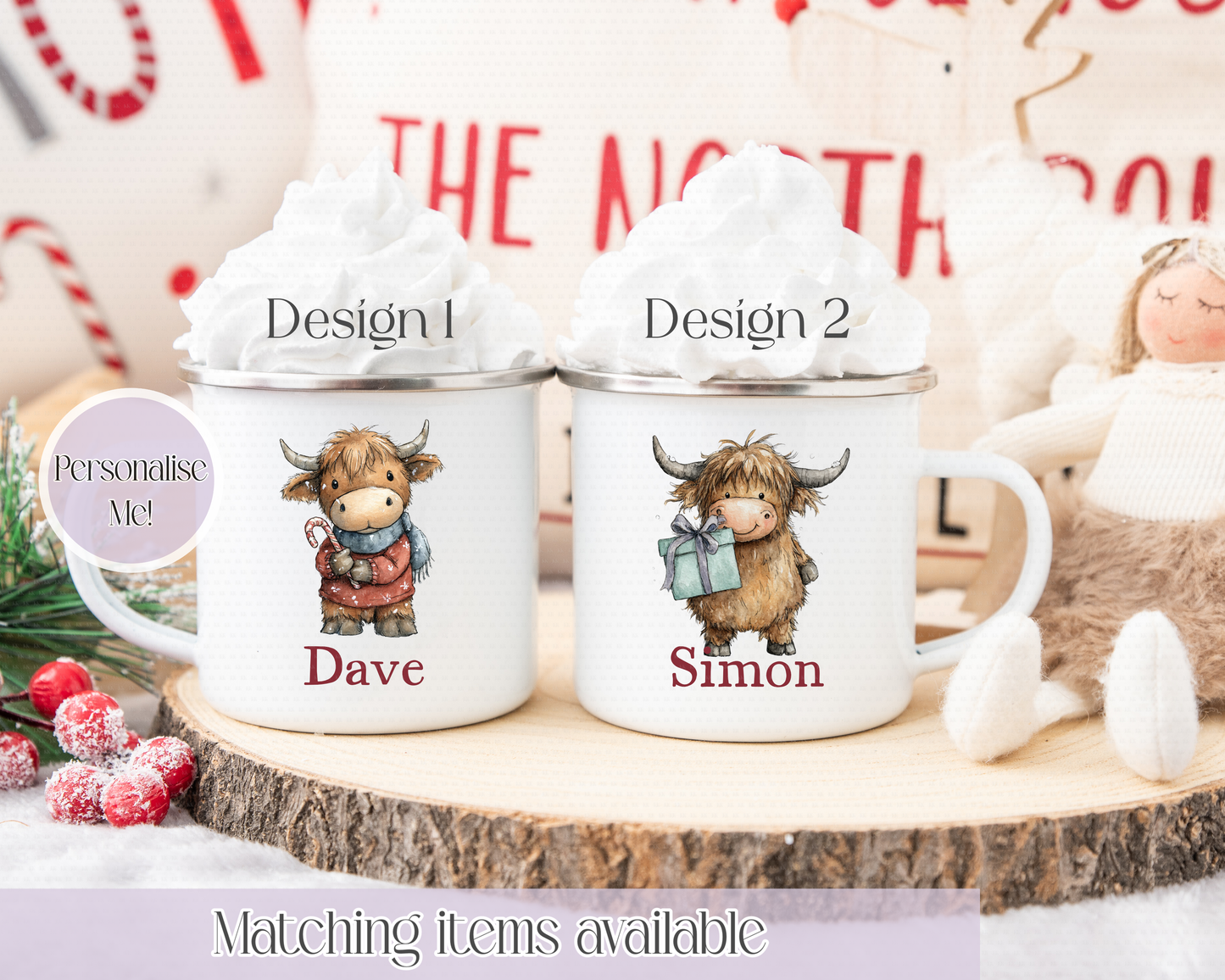Christmas Cute Highland Cow Mugs - Enamel Mug - Kids Mug - Unbreakable custom mug