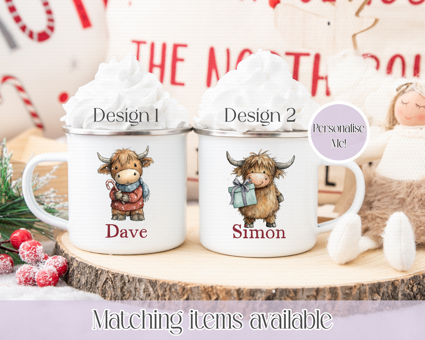 Christmas Cute Highland Cow Mugs - Enamel Mug - Kids Mug - Unbreakable custom mug
