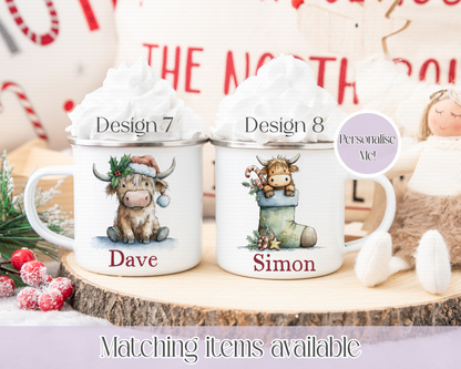 Christmas Cute Highland Cow Mugs - Enamel Mug - Kids Mug - Unbreakable custom mug