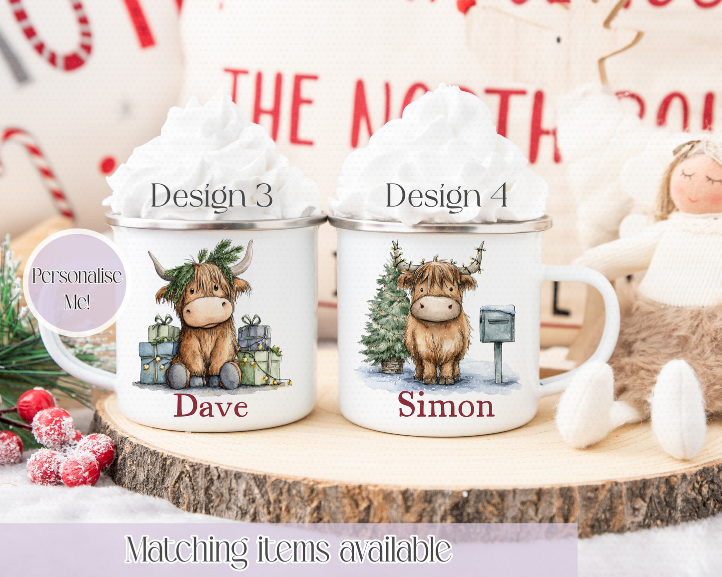 Christmas Cute Highland Cow Mugs - Enamel Mug - Kids Mug - Unbreakable custom mug