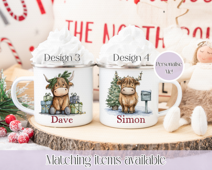 Christmas Cute Highland Cow Mugs - Enamel Mug - Kids Mug - Unbreakable custom mug