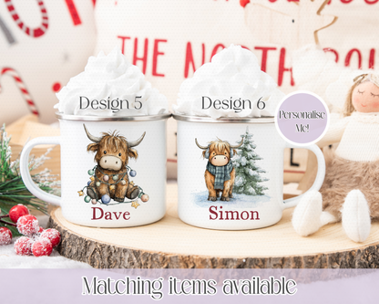 Christmas Cute Highland Cow Mugs - Enamel Mug - Kids Mug - Unbreakable custom mug