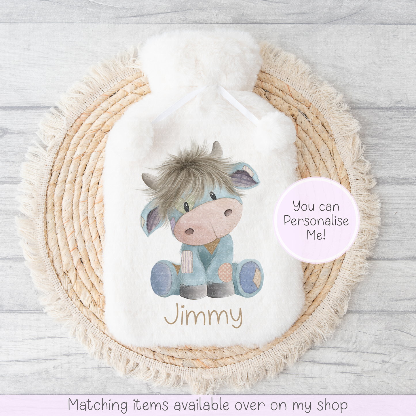 Cute Highland Cow Teddy Style personalised Fluffy Hot Water Bottle - hand drawn highland coo custom gift - gift for her - gift for him - keeping cosy