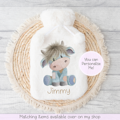 Cute Highland Cow Teddy Style personalised Fluffy Hot Water Bottle - hand drawn highland coo custom gift - gift for her - gift for him - keeping cosy