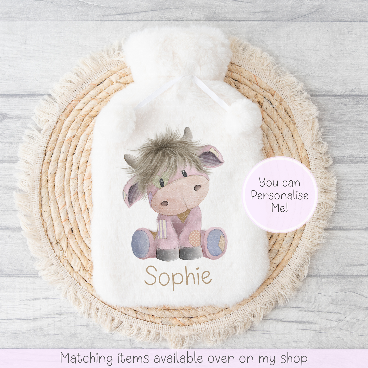 Cute Highland Cow Teddy Style personalised Fluffy Hot Water Bottle - hand drawn highland coo custom gift - gift for her - gift for him - keeping cosy