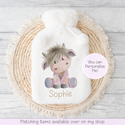 Cute Highland Cow Teddy Style personalised Fluffy Hot Water Bottle - hand drawn highland coo custom gift - gift for her - gift for him - keeping cosy