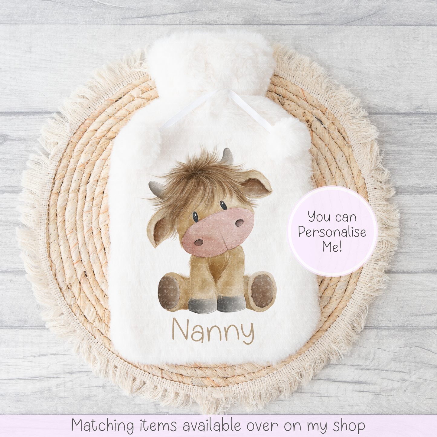 Cute Highland Cow Teddy Style personalised Fluffy Hot Water Bottle - hand drawn highland coo custom gift - gift for her - gift for him - keeping cosy