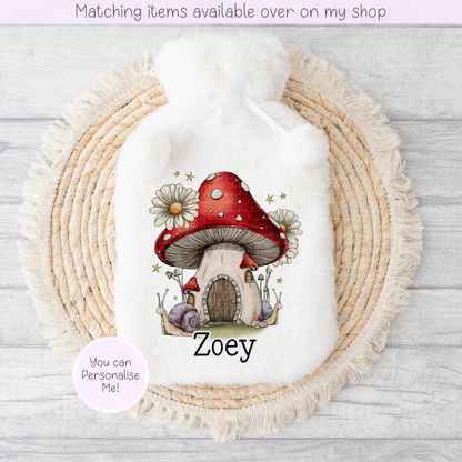 Whimsical Toadstool & friends personalised Fluffy Hot Water Bottle - hand drawn mushroom custom gift - gift for her - gift for him - keeping cosy
