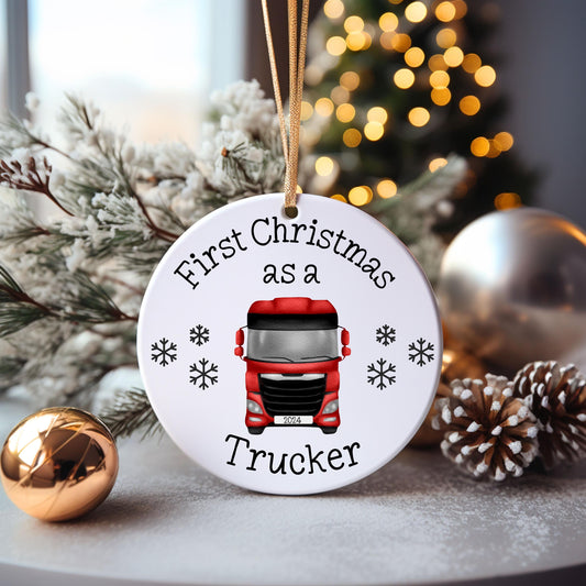 Personalised First Christmas As A Trucker 2025. truck driver bauble, ceramic decoration hgv driver first year