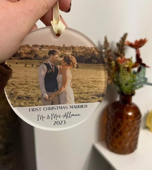 Personalised Our First Christmas Married Photo Acrylic Decoration. Mr and Mrs - Mr and Mr - Mrs and Mrs