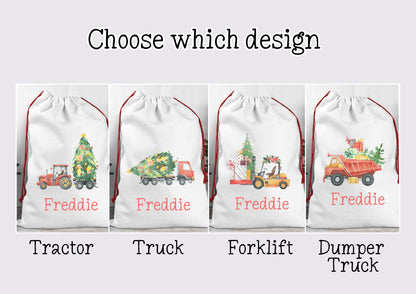 Personalised Truck Tractor Santa Sack. Vehicles forklift- truck - Tractor- dumper truck. Construction Christmas Vehicles