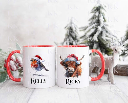 Christmas Animal Personalised Mug - Highland - Robin - Raccoon- Guinea Pig - And More - Stocking Filler- Animal Mug - For him - for her