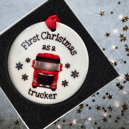 Personalised First Christmas As A Trucker 2025. truck driver bauble, ceramic decoration hgv driver first year