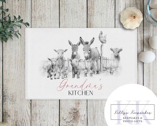 Sketchy Farmyard Animals Glass Chopping Board - Kitchen Counter Saver - Work Top Saver - Kitchen Decor - New Home Gift -Can be personalised