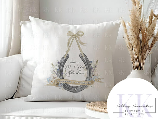 Personalised - Congratulations On Your Wedding Day - Horse shoe Velvet Cushion - Wedding Gift