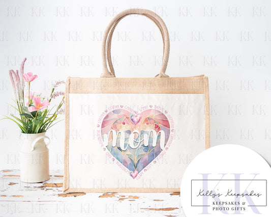 Mom - Mum - Mam mothers day gift - shopping bag - Gift for Her - Stain glass Heart