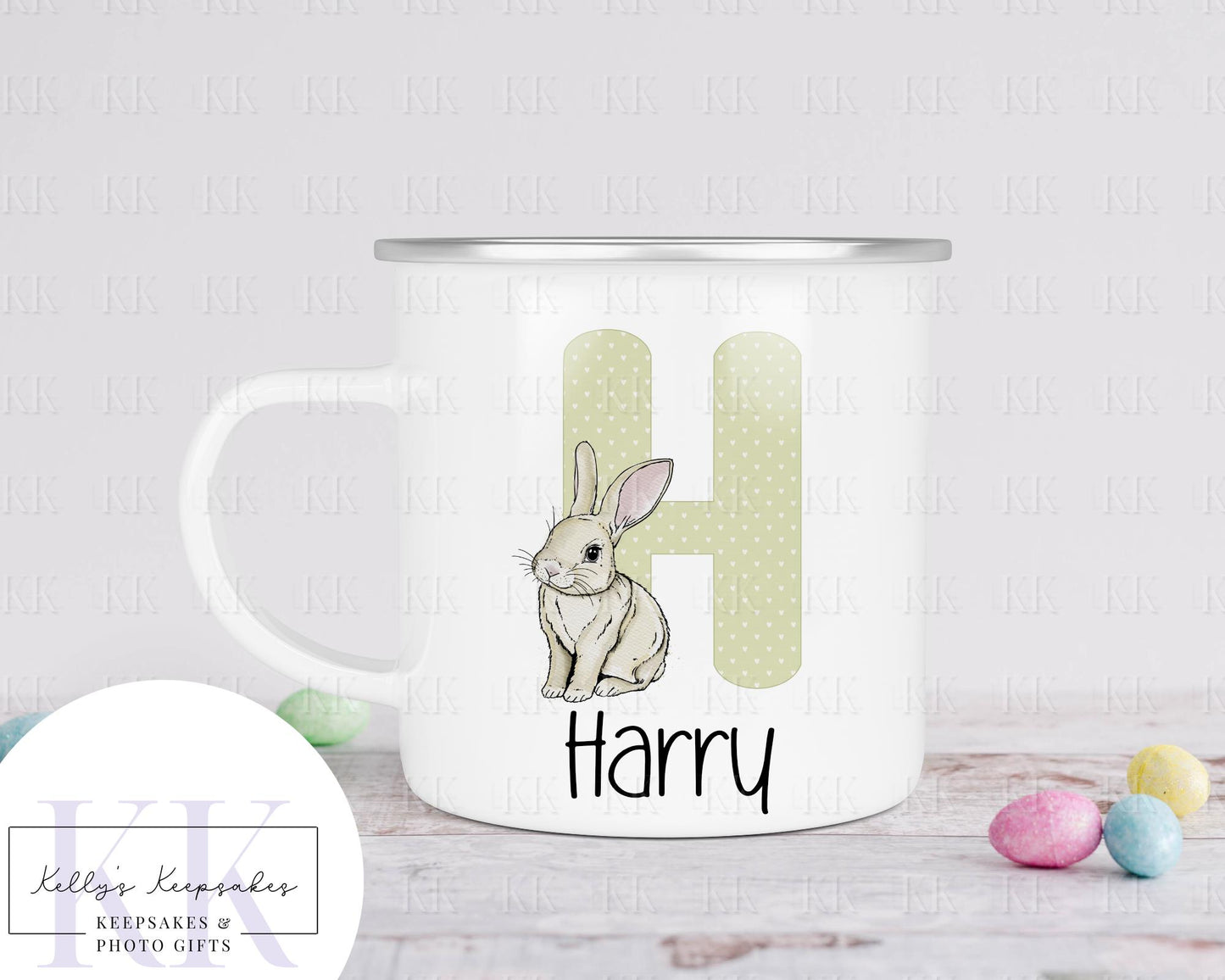 Personalised Easter Bunny Alphabet Enamel Mug - Children's Cup - Easter Gift - Camping Mug for Kids- Boys And Girls Personalised Gift