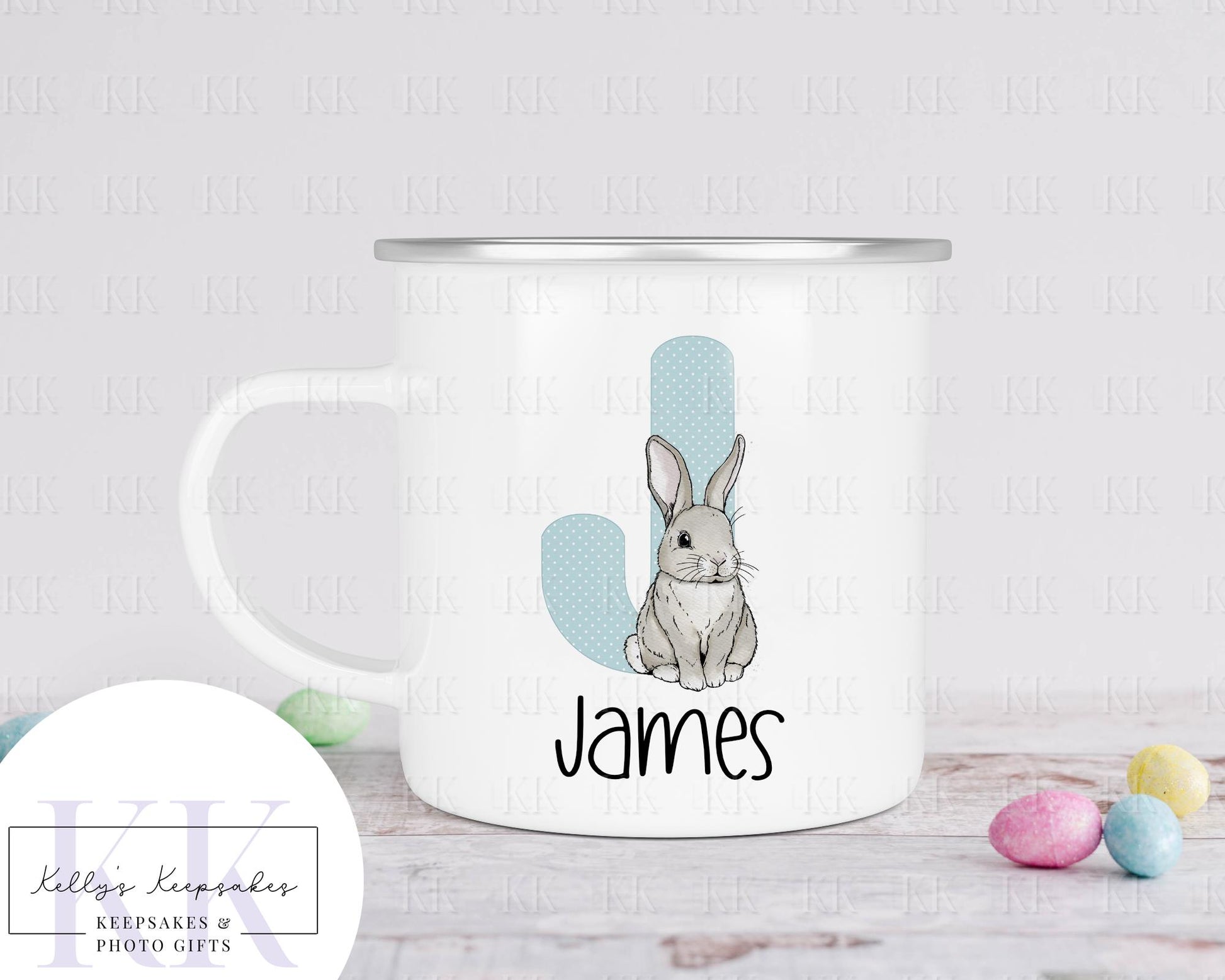 Personalised Easter Bunny Alphabet Enamel Mug - Children's Cup - Easter Gift - Camping Mug for Kids- Boys And Girls Personalised Gift