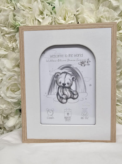 Personalised Birth Announcement Teddy Bear Print and Frame - Baby Announcements - Birth Stats - Nursery Decor - New Baby Gift