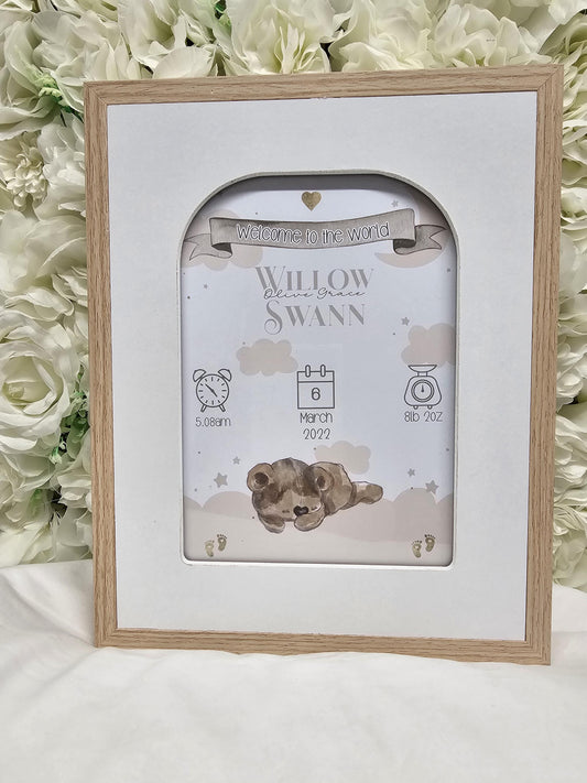 Personalised Birth Announcement Teddy Bear Print and Frame - Baby Announcements - Birth Stats - Nursery Decor - New Baby Gift