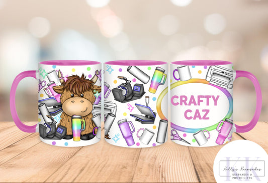 Crafty Highland Cow Personalised Mug- Crafty Cow - Highland Coo - Sublimation Crafts - Personalised Mug- Craft Mug