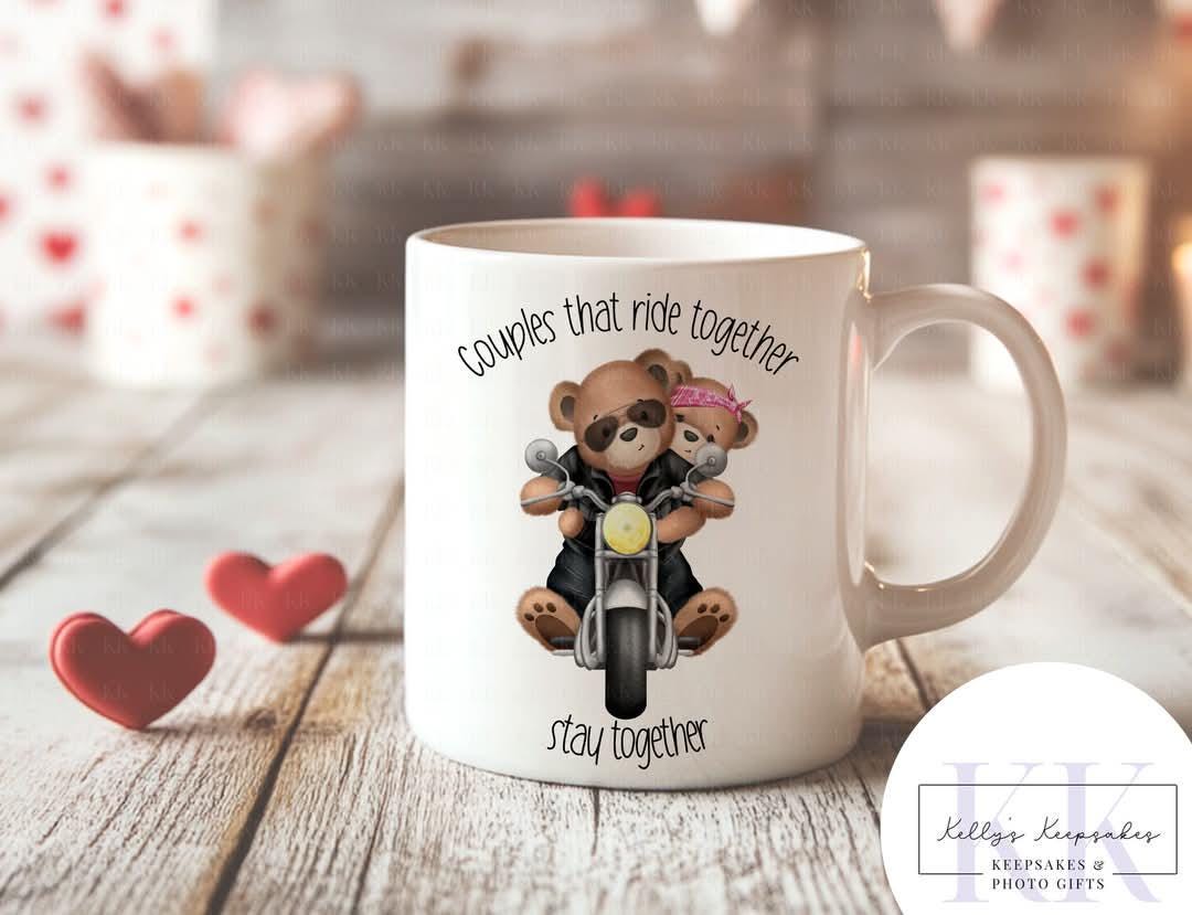 Motorbike bears Valentines Day Letter Mug - ride together stay together - Valentines Day Gift - For Him - For her - Biker Gift