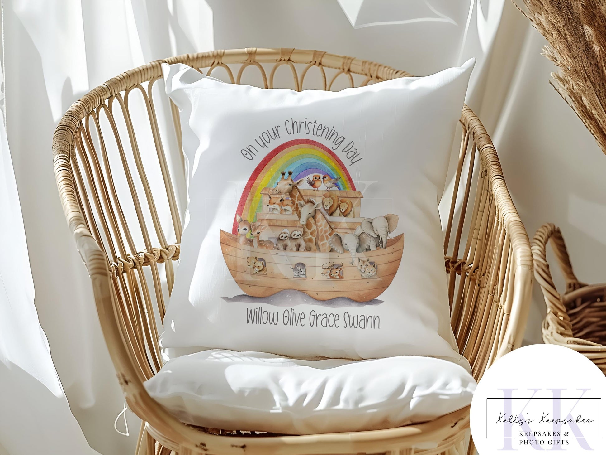 Personalised Christening Noah's Ark Velvet Cushion - Christening Gift - Baby Gift