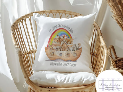 Personalised Christening Noah's Ark Velvet Cushion - Christening Gift - Baby Gift