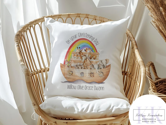 Personalised Christening Noah's Ark Velvet Cushion - Christening Gift - Baby Gift