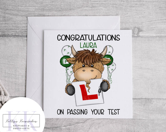 Personalised Passed Highland Cow Car Test - Highland Coo - Just Passed - Bike Test - Learner