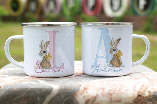 Personalised Easter Bunny Initial Enamel Mug - Camping Mug - Vintage Easter Bunny Alphabet- Unbreakable Mug - Kids Easter Gift