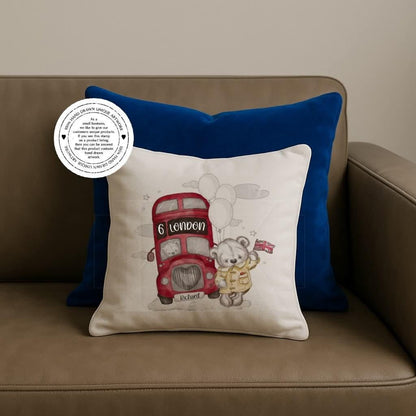Personalised Sketchy London Bus with Teddy Bear - London themed - Cushion - Velvet Cushion- London Decor - London Trip - Souvenir