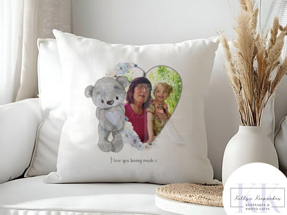 Personalised Grey Bear Velvet Photo Cushion - Photo Cushion - Photo Gift - Gift For Her
