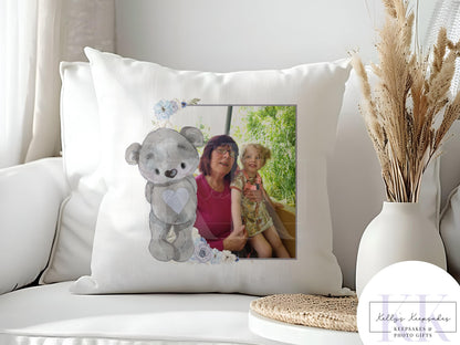 Personalised Grey Bear Velvet Photo Cushion - Photo Cushion - Photo Gift - Gift For Her