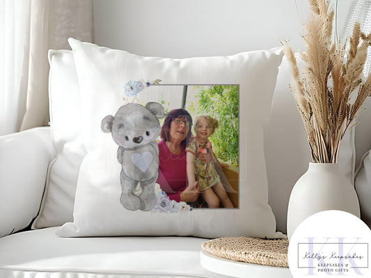 Personalised Grey Bear Velvet Photo Cushion - Photo Cushion - Photo Gift - Gift For Her