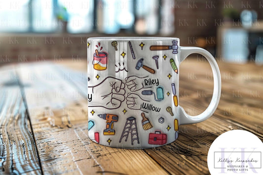 Personalised Tool Fist Bump Dad Mug - Fathers Day - Dad - Step Dad - Gift for him - upto 6 hands - Handy Man - Worker