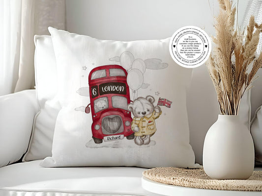Personalised Sketchy London Bus with Teddy Bear - London themed - Cushion - Velvet Cushion- London Decor - London Trip - Souvenir
