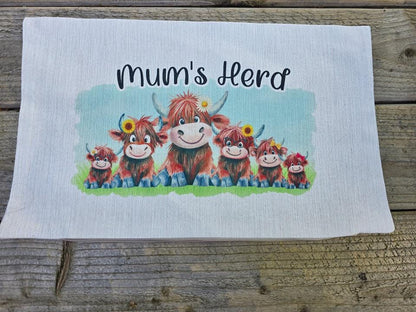 Highland Cow Family Cushion – 'Our Herd' Pillow with Cute Cartoon Cows – Farmhouse Decor, Animal Lover Gift, Rustic Country Style