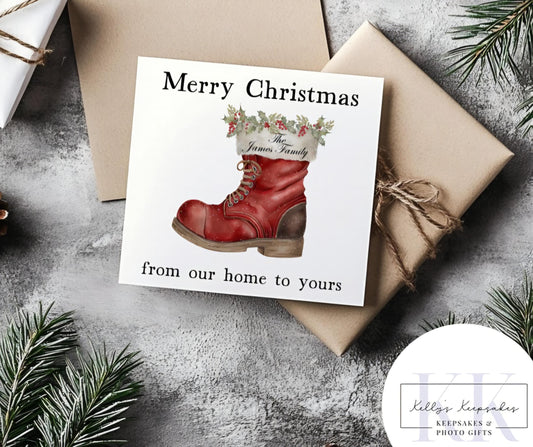 Personalised Christmas Card – "Red Boot Christmas Greeting" | Custom Family Name – From Our Home to Yours