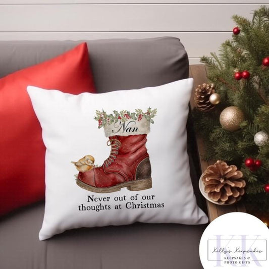 Christmas Personalised Robin Santa Boot Memorial Cushion - santa- Robins Appear - thinking of you at Christmas