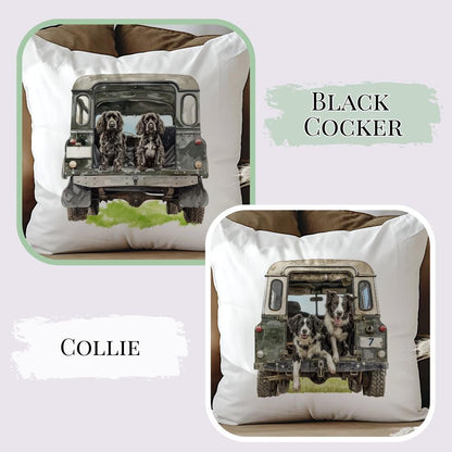 Working Dog Land Rover Velvet Cushion - Lab - Cocker - Collie - Rottweiler - Greyhound - Beagle -Shepherd - Terrier - Gun Dog - Countryside