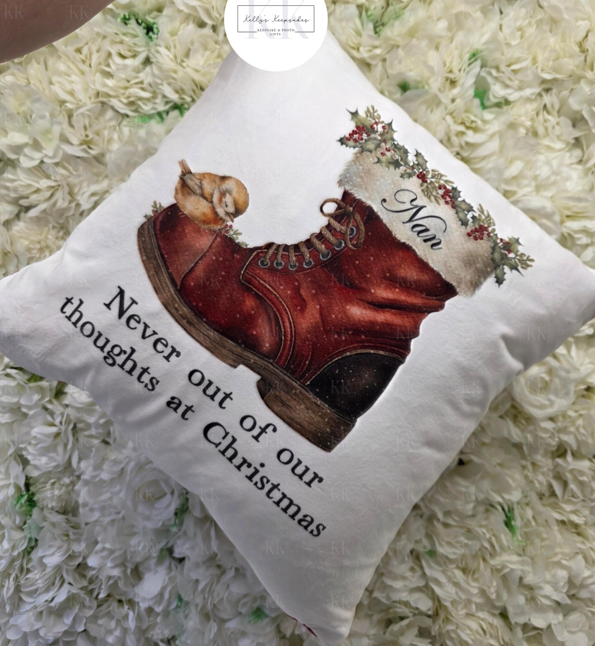 Christmas Personalised Robin Santa Boot Memorial Cushion - santa- Robins Appear - thinking of you at Christmas