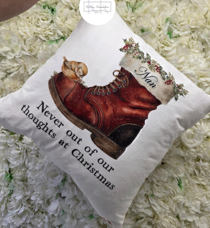 Christmas Personalised Robin Santa Boot Memorial Cushion - santa- Robins Appear - thinking of you at Christmas