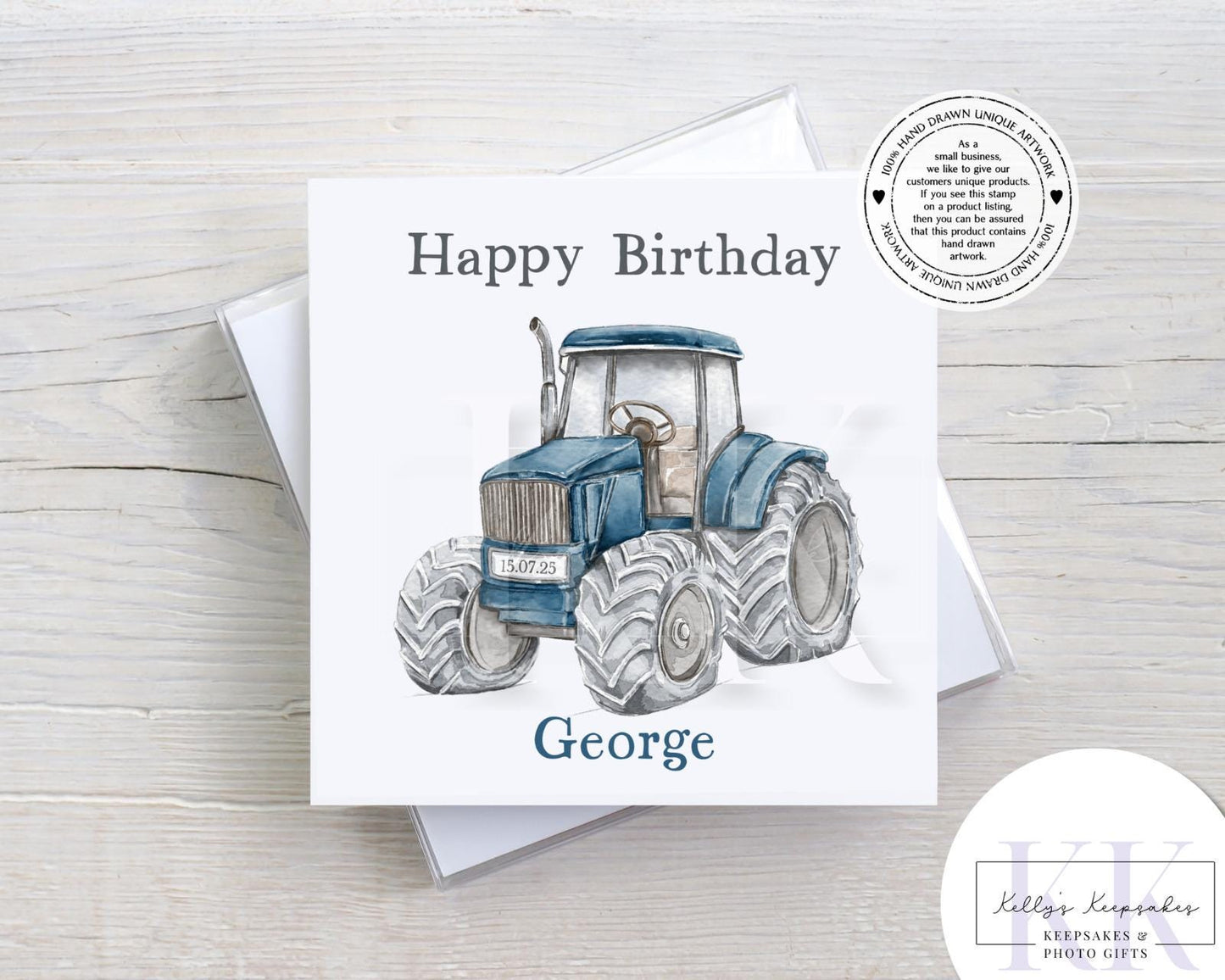 Personalised Tractor Birthday Card – Red, Green or Blue – Custom Name & Date – Hand-Drawn Farm Vehicle Design