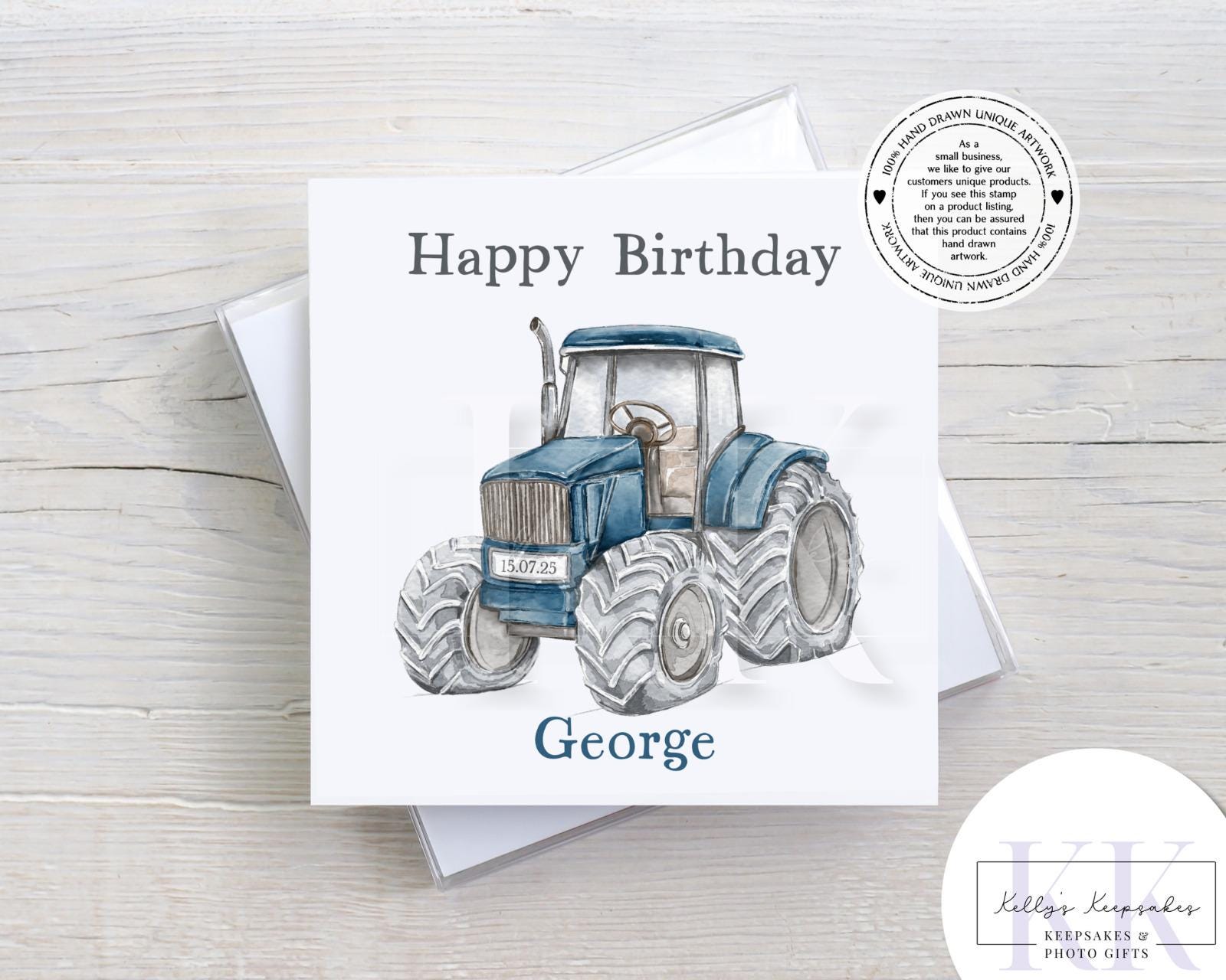 Personalised Tractor Birthday Card – Red, Green or Blue – Custom Name & Date – Hand-Drawn Farm Vehicle Design