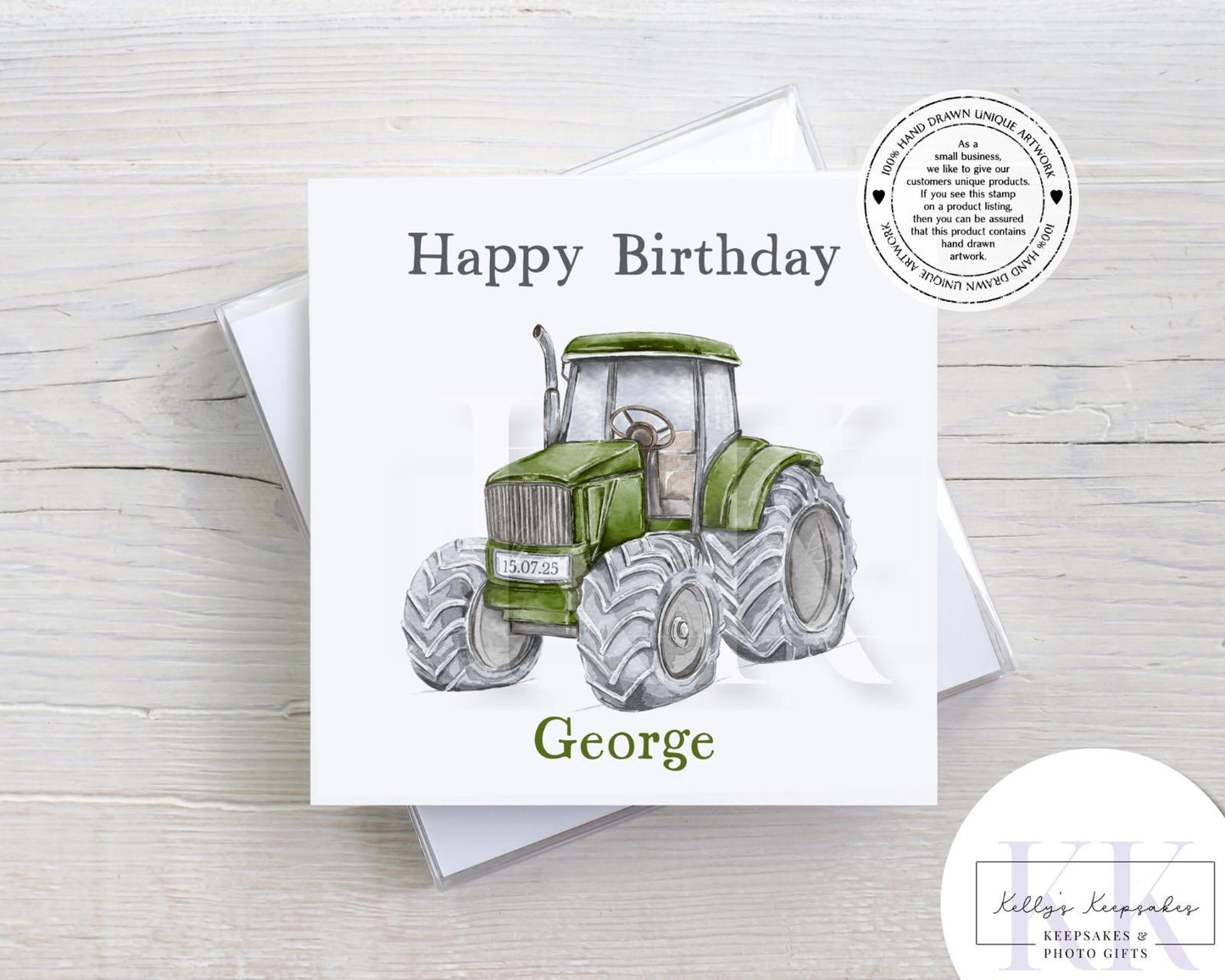 Personalised Tractor Birthday Card – Red, Green or Blue – Custom Name & Date – Hand-Drawn Farm Vehicle Design