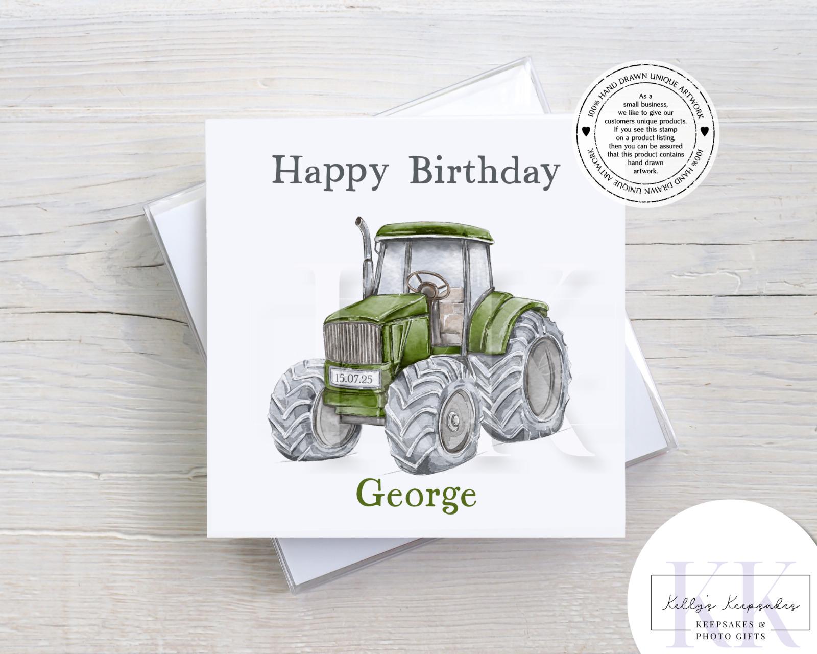 Personalised Tractor Birthday Card – Red, Green or Blue – Custom Name & Date – Hand-Drawn Farm Vehicle Design