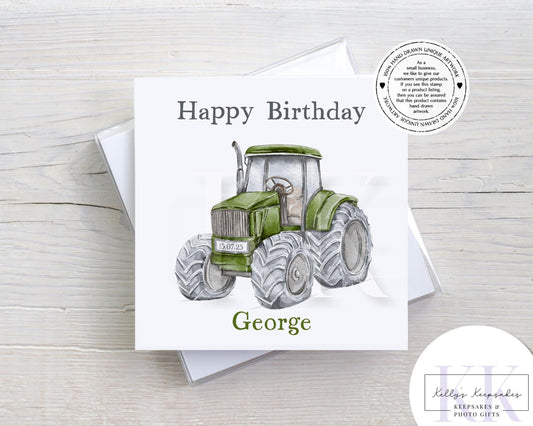 Personalised Tractor Birthday Card – Red, Green or Blue – Custom Name & Date – Hand-Drawn Farm Vehicle Design