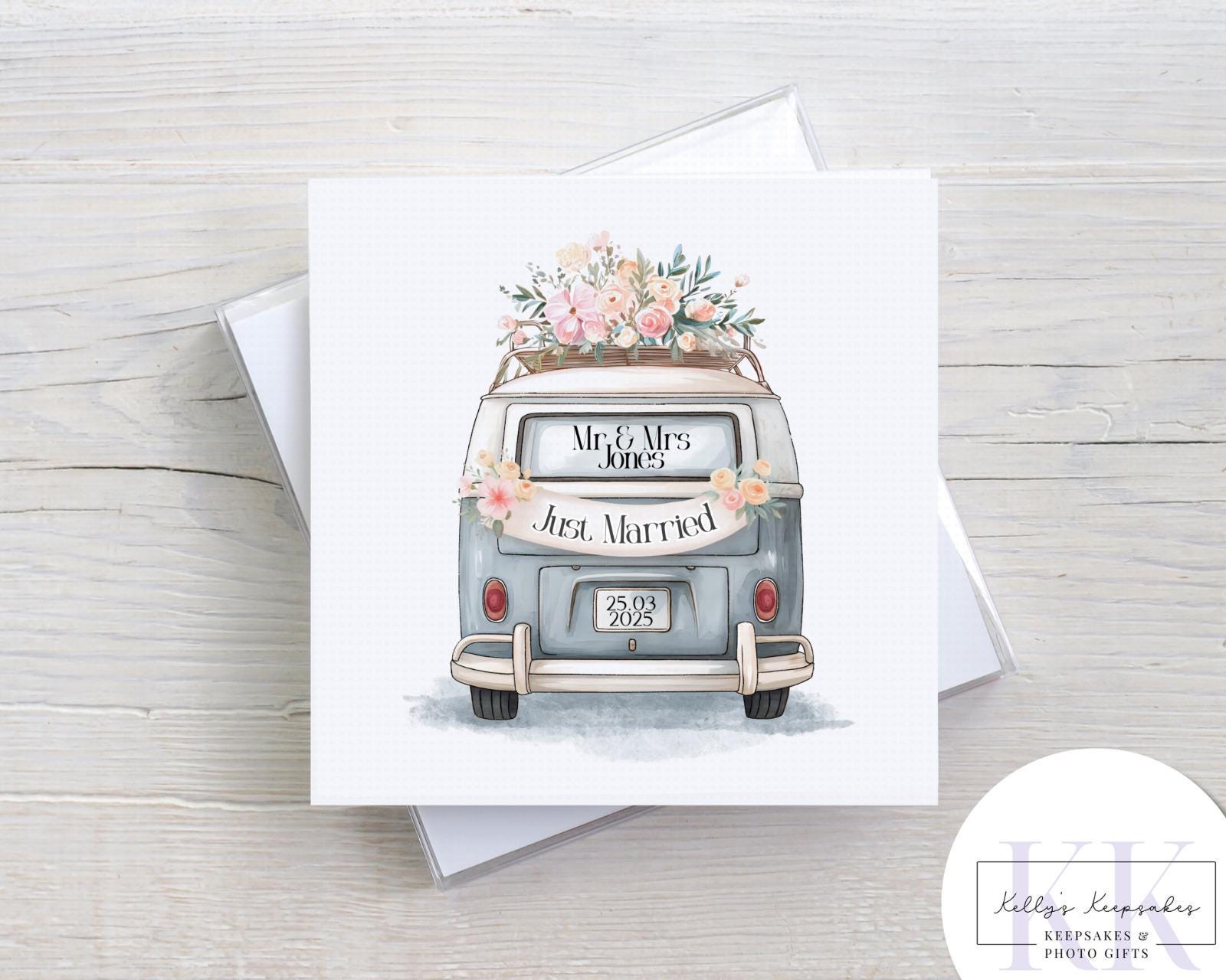 personalised just married campervan card - custom name and date - camper life - wedding card